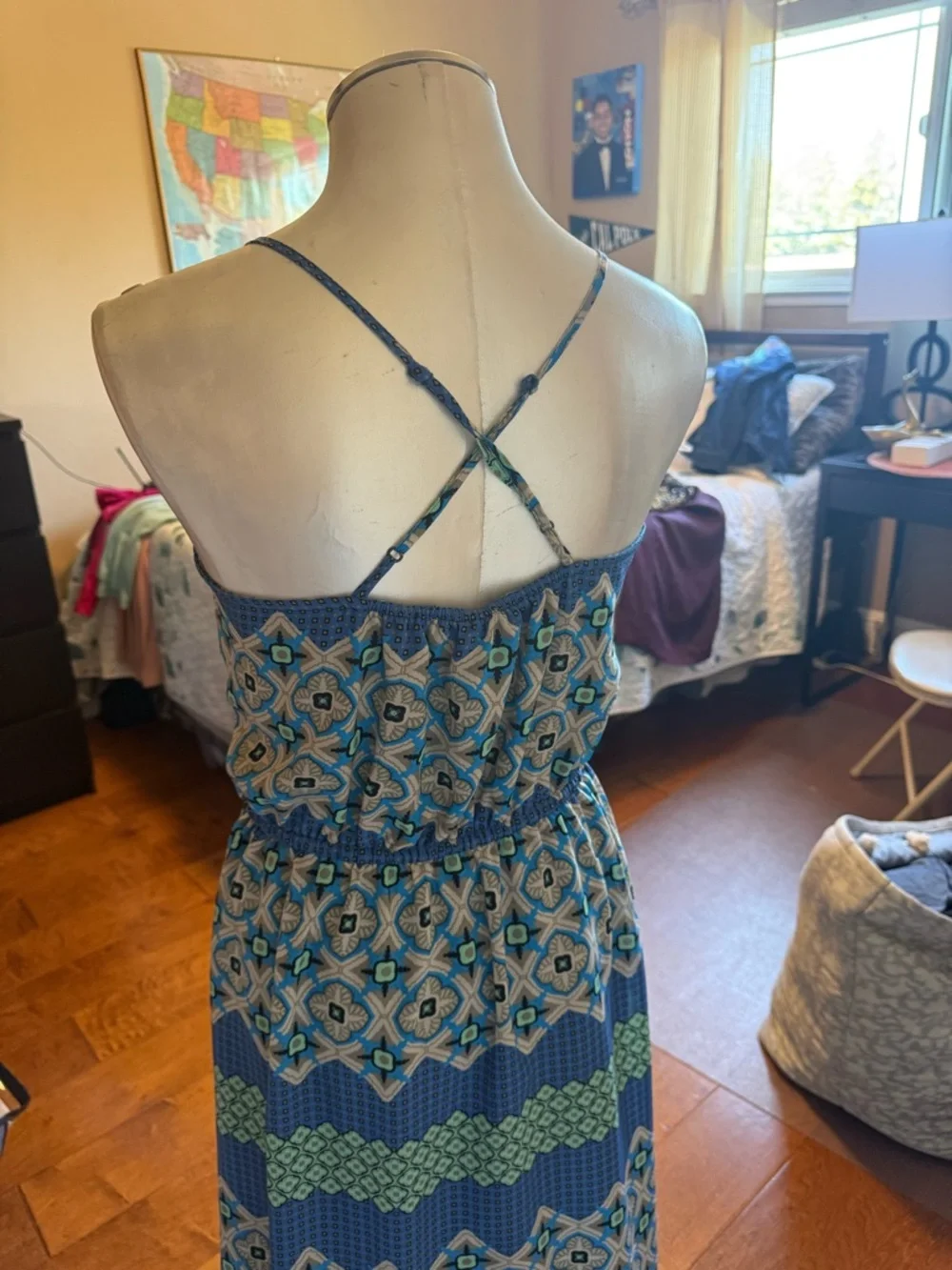 Banana Republic Blue & Aqua Geometric Maxi Dress Spaghetti Strap Size 10 - Picture 8 of 15